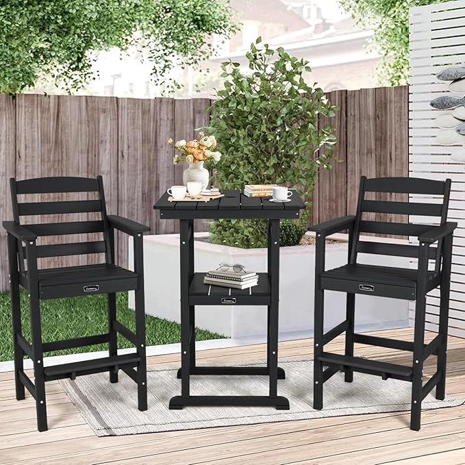FUNBERRY Outdoor Bar Set with Umbrella Holes, Tall Adirondack Chairs and Table, All Weather HDPE Bar Height Outdoor Table and Chairs Set for Bistro Patio Balcony