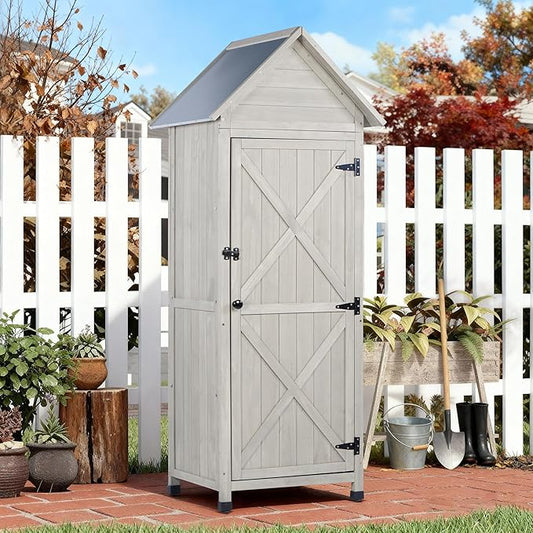 Wooden Outdoor Storage Cabinet with Waterproof Metal Roof Vertical Garden Tool Shed Adjustable Shelves, Perfect for Yards, Patios, Decks and Porches (Light Gray, 22" x 26" x 67")