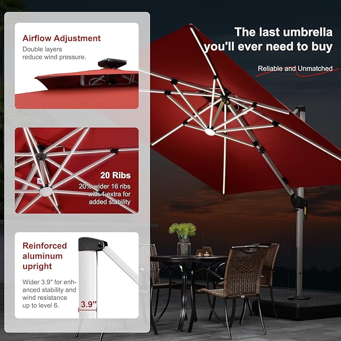 PURPLE LEAF 10 Feet Double Top Deluxe Solar Powered LED Square Patio Umbrella Offset Hanging Umbrella Outdoor Market Umbrella Garden Umbrella, Terra