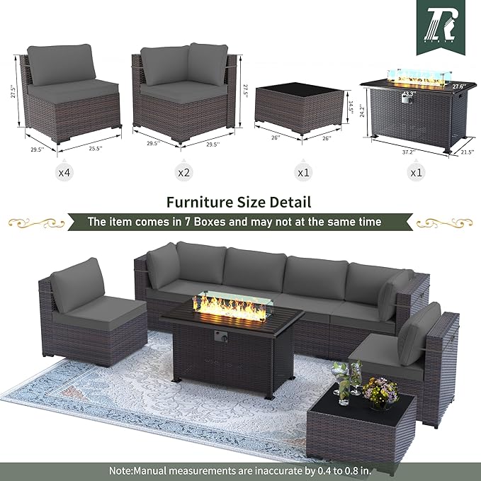 Outdoor Patio Furniture Set with Propane Fire Pit Table, 8 Pieces Furniture Patio Sectional Sofa Conversation Set w/ETL Approved 43" Gas Outdoor Fire Table & Coffee Table (Grey)