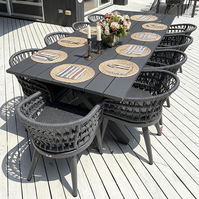PURPLE LEAF 11 Pieces Outdoor Dining Set All-Weather PE Rattan Outdoor Patio Furniture Set with All Aluminum Frame Rectangular Table and Chairs Set for Lawn Garden Backyard Deck, Grey