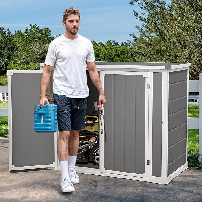 DWVO 41Cu.ft Horizontal Resin Storage Shed Without Shelf, All Weather 4.7x2.5 FT Outdoor Storage Shed with Hydraulic Struts, 3 Locks, Lockable to Floor for Garden Tools, Trash Cans, Gray