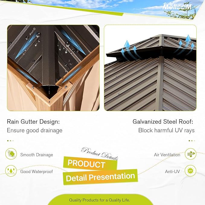 MELLCOM 14'x20' Hardtop Gazebo, Wood Grain Aluminum Frame Pergola with Galvanized Steel Roof, Outdoor Metal Gazebos with Curtains and Nettings for Patio, Backyard, Deck and Lawns