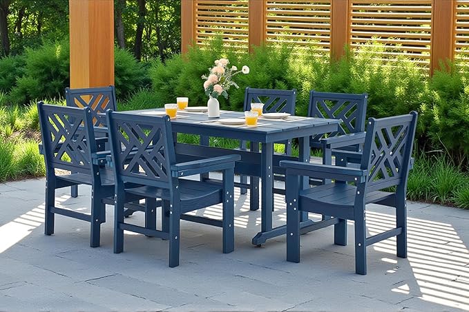 7 Piece HDPE Outdoor Dining Set for 6, Patio DHPE Furniture Set with Umberlla Hole, Weather Resistent Outdoor Table and Chairs for Garden, Poolside, Backyard, Deck, Blue