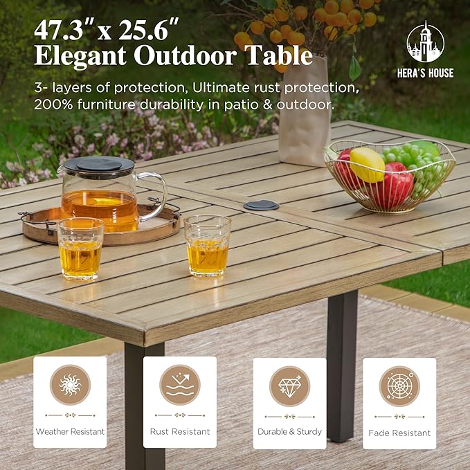 HERA'S HOUSE 7-Piece Outdoor Dining Set for 6, 60" Weather-Resistant Metal Patio Table with 6 Foldable Grey Chairs, Perfect for Garden, Backyard, Porch & Lawn (Space-Saving Design)