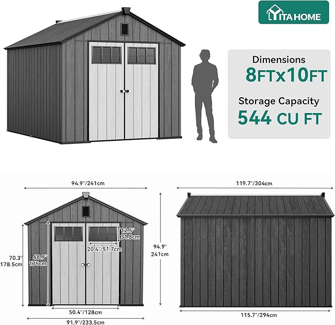 YITAHOME 8x10 FT Outdoor Storage Shed with Floor, Plastic Garden Shed for Bikes, Tools, and Pool Supplies, Outdoor Resin Shed with Lockable Doors, Windows, and Vents for Patio, Lawn, Backyard, Black