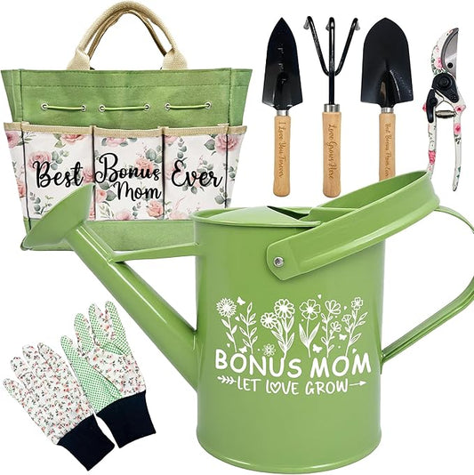 Bonus Mom Gifts, Garden Kit Bonus Mom Gifts from Bonus Daughter Floral Gardening Tools and Durable Garden Tools Organizer Tote, Gardening Set for Women on Birthday Plant Lover Present