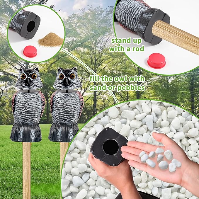 BobbleHead Owl Decoys Sculpture to Scare Birds Away, 2-Pack 8.3" Fake Owl Plastic Scarecrow Bird Deterrent, Natural Enemy Pest Repellent, Garden Decor Statues for outside, Patio, Lawn, Yard Decoration