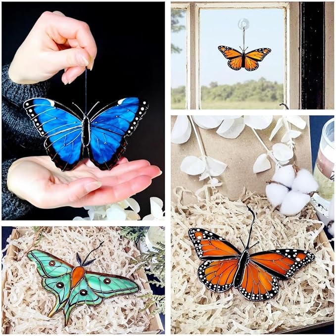 2024 New Handmade Stained Glass Butterfly Suncatcher, Sun Catcher Hanging for Car, Butterfly Decorations and Gifts for Women (B-Green)
