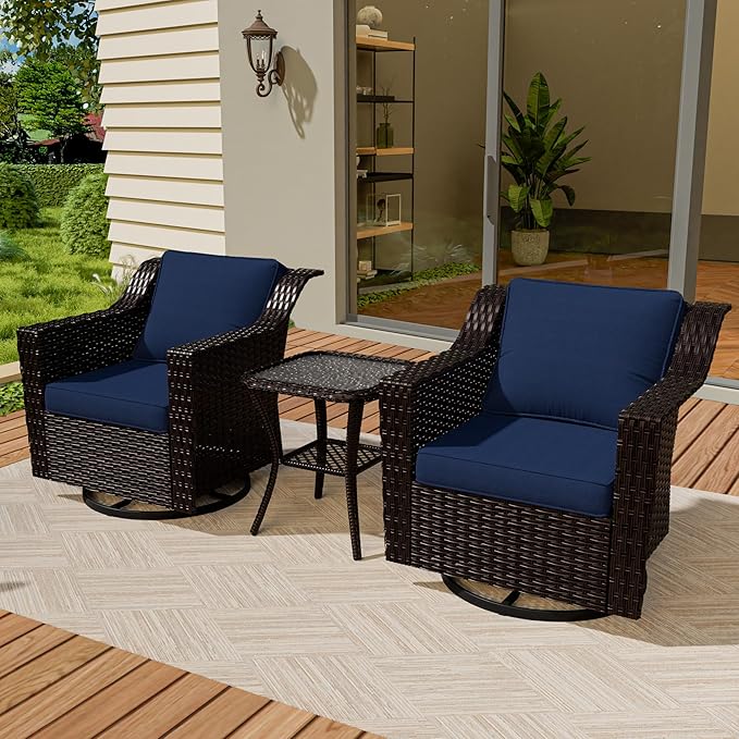 Vista Vibe 3 Pieces Outdoor Patio Conversation Furniture Set - 360 Degree Swivel Glider Rocker Chairs | Wicker End Table, Washable Cushions, Hand-Woven PE Rattan, Lawn, Sunroom (Brown/Navy)