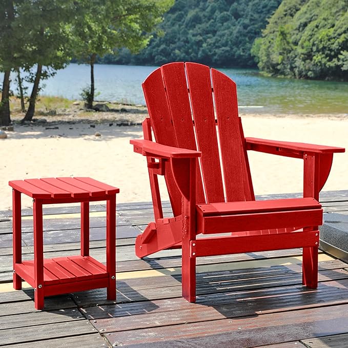 Folding Adirondack Chair, HDPE Outdoor Texture Lawn Chair with Reclining Back, Cup and Phone Holder - Comfortable Firepit Chair Weather Resistant for Patio or Backyard (Red, Set of 2)