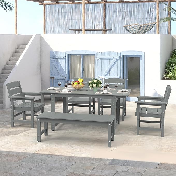 6-Piece HIPS Patio Dining Set, Outdoor Dining Table and Chairs Set with Umbrella Hole, Weatherproof Dining Table Set for 6 Person, Patio Furniture Set for Outside Deck, Grey