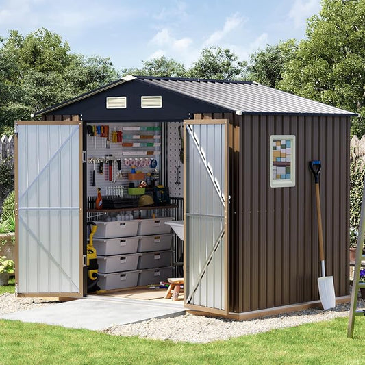 6x8FT Outdoor Metal Storage Shed with Floor Frame,Double Door, 1 Clear Window, Tool Shed for Garden, Patio, Backyard Brown