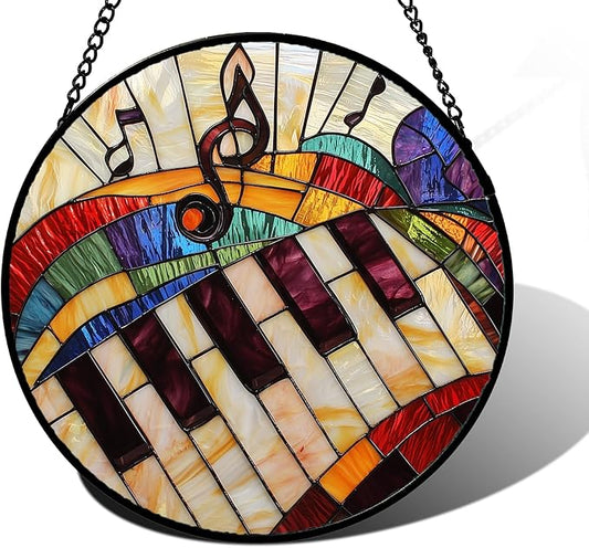 Stained Glass Window Hanging, Piano Notes Sun Catchers Glass Panel Suncatcher Decor for Birthday for Women, Men, Wife, Aunt, and Mom 7.8 in