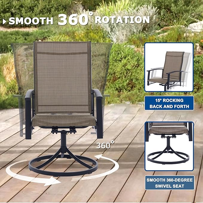 Patio Swivel Chairs Set of 8, Outdoor Swivel Chairs with Armrest, High Back Patio Chair with Metal Frame, All-Weather Outdoor Dining Chair for Deck, Porch and Lawn, Mocha