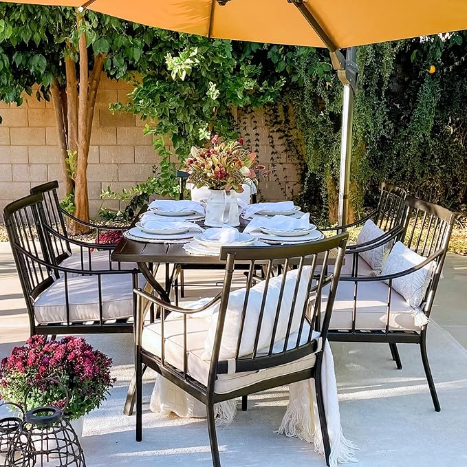 PHI VILLA 7 Piece Outdoor Dining Set with Cushion, 60” Rectangular Metal Dining Table with Umbrella Hole & 6 Cushioned Iron Chairs for Patio, Deck, Yard