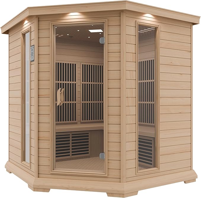 SteamSpa 1-5 Person Low EMF Carbon FAR Infrared Hemlock Wood and Tempered Glass Indoor Home Sauna Room with LED Touch Control Panel, Color LED Therapy Light, Bluetooth Speaker, Oxygen