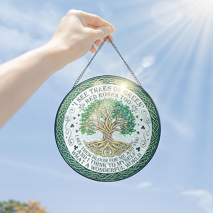 FLAGWIX Christmas Tree of Life Gifts for Women Men - Stained Glass Window Hanging 8 in - Birthday Gifts for Friend Family, Tree of Life Decor Suncatchers for Windows Hanging, Celtic Garden Decor