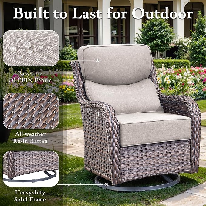 Luxury Outdoor Furniture Set with 6-Inch Thick Cushions, High Back Swivel Patio Chairs with Ottomans & Side Table, Wicker Outdoor Swivel Chairs Set for Porch, Yard, Deck, Poolside, Brown/Beige