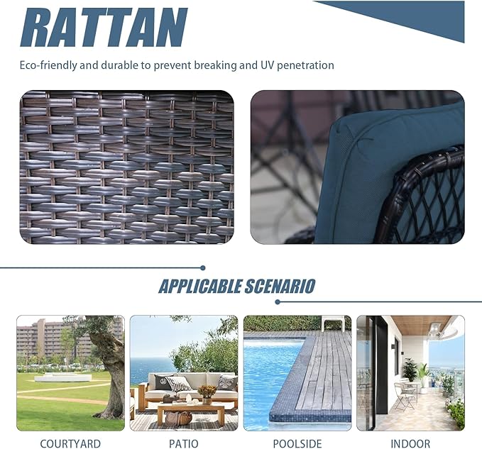 Patio Furniture Set Swivel Rocker, Outdoor Patio Chairs, 3 Piece Suit Porch Furniture Rocking Set, Backyard and Garden Rocker Rattan Chair, with Thickened Cushions and Glass Coffee Table(Navy)