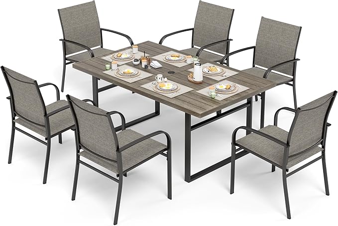 7 Piece Patio Dining Set for 6, 64” Rectangular Wood-Like Metal Table with Umbrella Hole and 6 Chairs, Outdoor Table and Chairs Set for Lawn Backyard and Deck, Brown