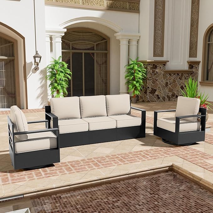 3 PCS Aluminum Patio Conversation Set - Outdoor 3-Seater Sofa, 2 360° Swivel Chair with 6" Thick Water-insistant Cushions, All-Weather Use Frame, Removable Cover, Ideal for Garden, Poolside (Beige)