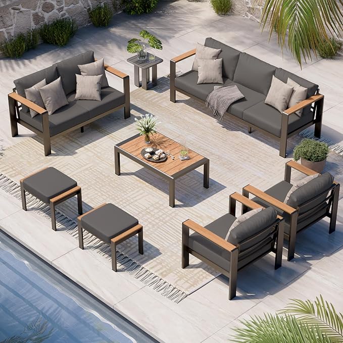 Aluminum Outdoor Patio Furniture Set with Coffee Table, 7 Piece Patio Conversation Sets with Thick Cushion, Ottomans, Outdoor Sectional Furniture Set for Porch, Balcony, Deck, Yard, Graphite