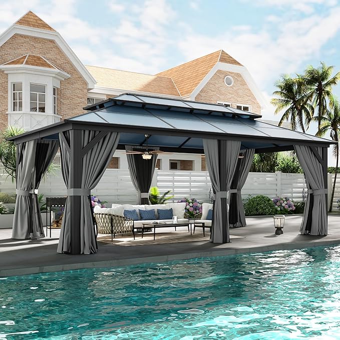 Aoxun 12'x20' Hardtop Gazebo, Aluminum Frame Permanent Pavilion with Curtains and Netting, Outdoor Polycarbonate Double Roof Canopy, Designed for Patio, Garden, Lawns, Gray