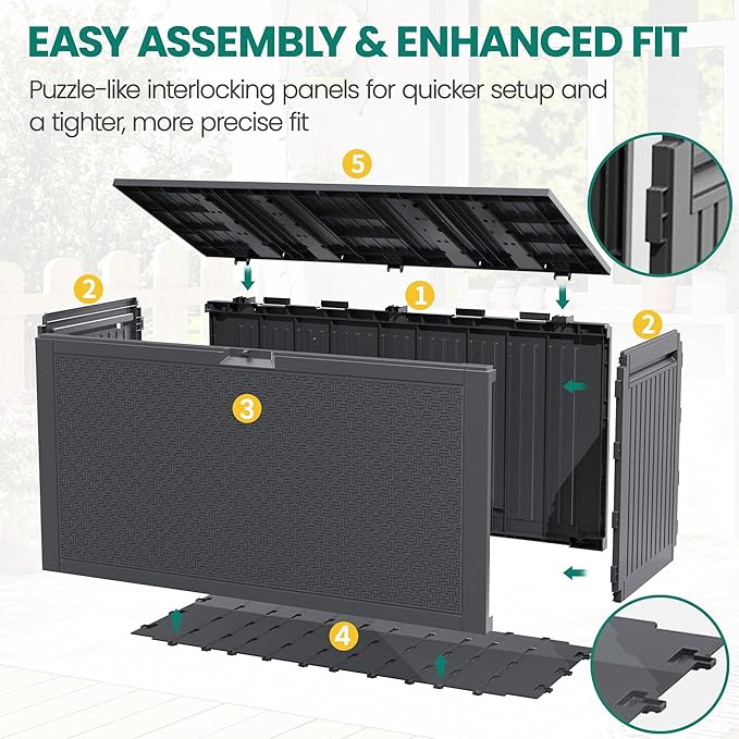 90 Gallon Outdoor Deck Box, Waterproof Outdoor Deck Box, Durable Resin Bin for Patio Cushions, Garden Tools and Pool Accessories, Lockable with UV Protection, Dark Gray, Patio Furniture