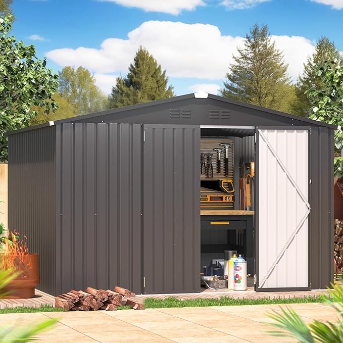 AECOJOY Shed 8' x 10' Outdoor Storage Metal Shed, Dark Grey Steel Yard Shed with Design of Lockable Doors, Utility and Tool Storage for Garden, Backyard, Patio, Outside use