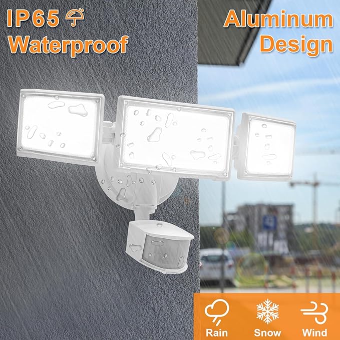70W LED Security Lights with Motion Sensor Outdoor, 7000 Lumen Super Bright, 3000K/5000K Light, IP65 Waterproof, Dusk to Dawn, 3 Heads Motion Detected Flood Light Garage Yard Porch (White)