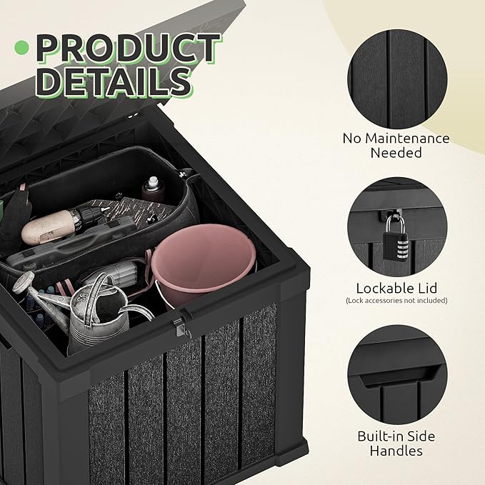 GOOBED Outdoor Storage Box, Weather-Resistant Resin Deck Box, 51-Gallon Storage Container for Patio Cushions, Pool Accessories, Garden Tools, Lockable, Easy Maintenance, Black