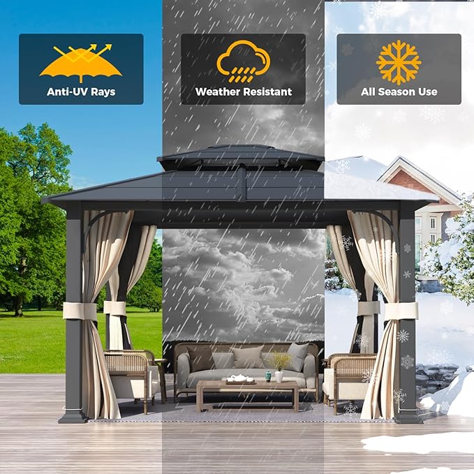 YOLENY 12’x 14’ Gazebo with Galvanized Steel Roof, Double Roof Design with Anti-Rust Coating, Outdoor Gazebos with Curtains and Netting, Sunshade for Gardens, Lawns, Deck