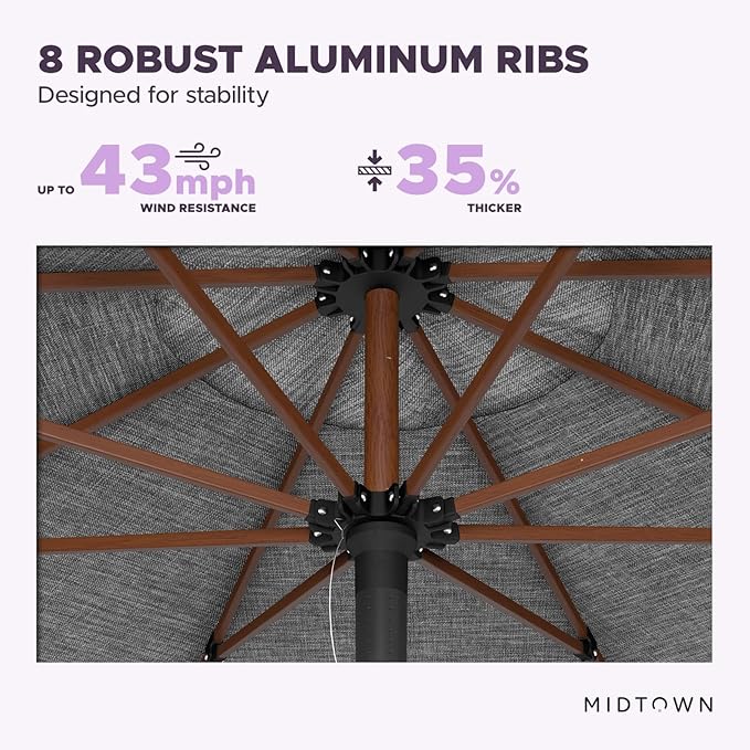 Midtown Umbrellas The Wooden 10 Feet Patio Umbrella With Sunbrella Cast Slate Acrylic Fabric - Aluminum Frame Market Umbrella For Backyard, Deck, Garden, Pool - Wooden Pole