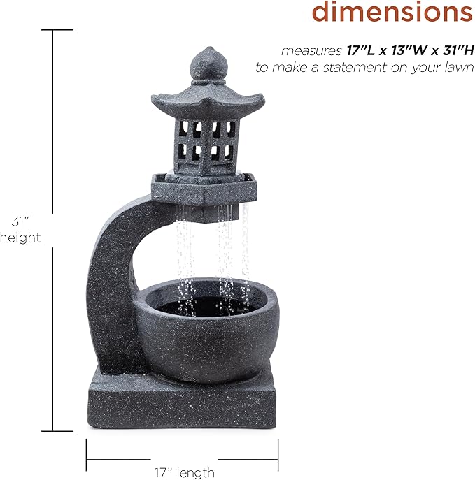 Alpine Corporation DIG370 31" Outdoor Zen Pagoda Water Fountain with LED Lights & Illuminated Stone Bowl – Tranquil Garden Water Feature for Relaxation and Ambiance, Gray