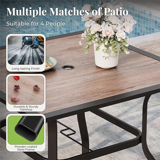 5 Pieces Patio Table and Chairs Set, 4 Person Outdoor Dining Furniture Set, 4 Blue Textilene Chairs and 37" Wood-Like Table Top Table with Umbrella Hole, for Deck Backyard Lawn