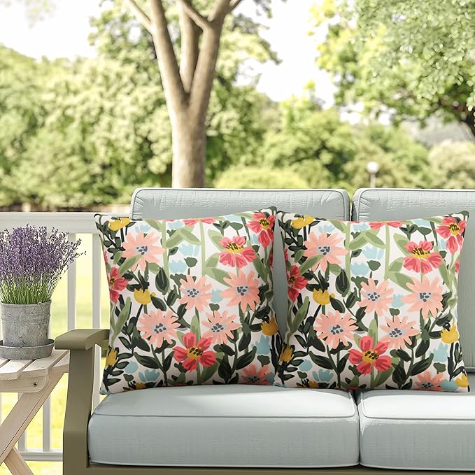 Pyonic Outdoor Pillows Cover Pack of 2 Floral Waterproof Throw Pillow Covers 16X16 inch Outdoor Pillows for Patio Furniture Garden Square Outside Waterproof Pillow
