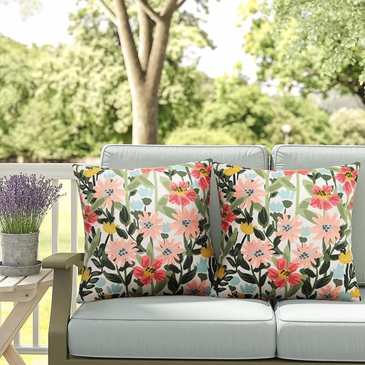 Pyonic Outdoor Pillows Cover Pack of 2 Floral Waterproof Throw Pillow Covers 16X16 inch Outdoor Pillows for Patio Furniture Garden Square Outside Waterproof Pillow