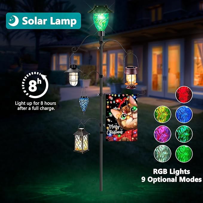 LUJII Solar Shepherds Hooks for Outdoors, Bird Feeder Pole with 4 Adjustable Hangers and 1 Flag Holder, Garden Stand for Hummingbird Feeders, Wind Chimes, Plant Baskets, Lanterns (Teal)