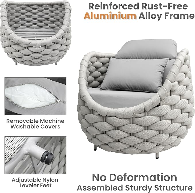 Patio Accent Chairs Set of 4: Aluminum Porch Lounge Chair with Arms - Woven Rope Cushioned Armchair - Modern One Seater Chair - Outdoor Deck Furniture for 400lbs Balcony Lanai Garden Hotel, Gray