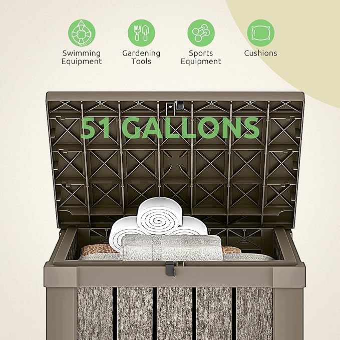 GOOBED Outdoor Storage Box, Weather-Resistant Resin Deck Box, 51-Gallon Storage Container for Patio Cushions, Pool Accessories, Garden Tools, Lockable, Easy Maintenance, Taupe
