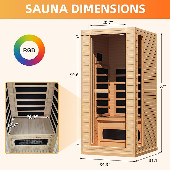 Infrared Sauna for Home, 1 Person Full Spectrum Infrared Sauna, Indoor Dry Roomy Sauna with Rapid Heating 4 Carbon Panels&1 Carbon Tube, 7 Color Therapy Lights, 110V
