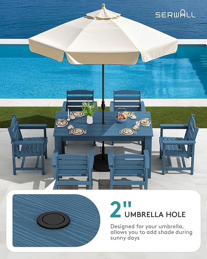 SERWALL Patio Dining Set for 6, Outdoor Dining Sets for 6 Person with 1 Umbrella Hole Cut-Out Rectangular Table and 6 Chairs, HDPE Dining Sets for Garden, Backyard, Poolside, Blue