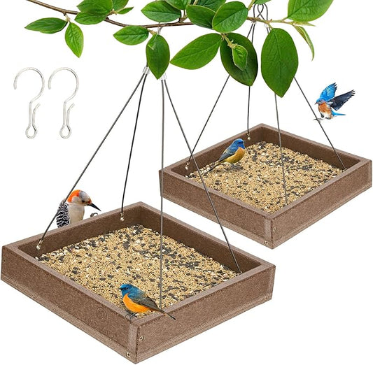 Kingsyard 2 Pack Platform Bird Feeder Tray for Outdoor Hanging - Durable Recycled Plastic & Metal Mesh, Large 3.5 lbs Capacity, Ideal for Attracting Large Birds, Brown