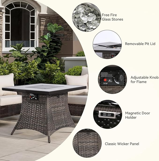 5-Piece Patio Wicker Conversation Set with Fire Pit, Furniture Set Includes 2 Swivel Rocker Chair and 2 Armchair, Cushion Red