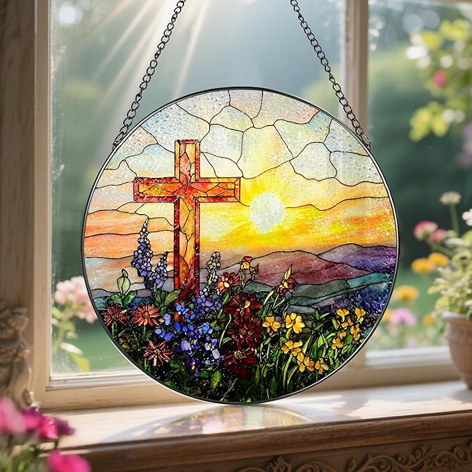 8 Inch Cross Sunset Suncatchers for Windows Hanging, Indoor Decor 8 Inch, Stained Glass Gift, Christian Gifts, Religious Gifts, Christian Cross, Christmas Jesus Gift, Window Decor