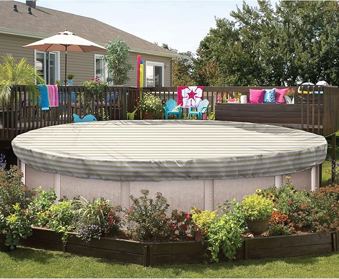 ECOOPTS 9 ft Round Pool Cover for Above Ground Pools, Swimming Pool Cover Protector Winter Safety Cover (Beige White Stripes)