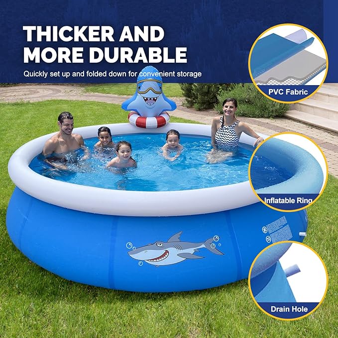 DIMAR GARDEN 10ft x 30in Inflatable Swimming Spray Pool, Outdoor Round Air Top Ring Shark Pools