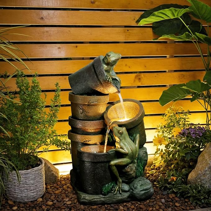 27.2''H Garden Fountains Outdoor Water Fountain,3 Tier Cascading Barrel Frog with LED Lights & Pump for Farmhouse Patio Yard Deck Home Lawn Porch House Decorations