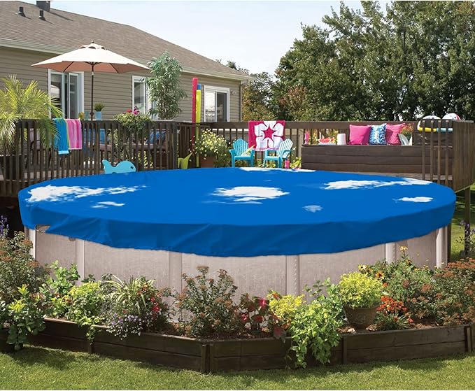 ECOOPTS 9 ft Waterproof Round Polyester Pool Cover for Above Ground Pools, Swimming Pool Cover Protector Winter Safety Cover (Blue Sky)
